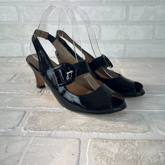 ANYI LU‎ Peep-Toe Mary Jane Slingback Heels Black Patent Leather 8 / 38.5 - Picture 1 of 13
